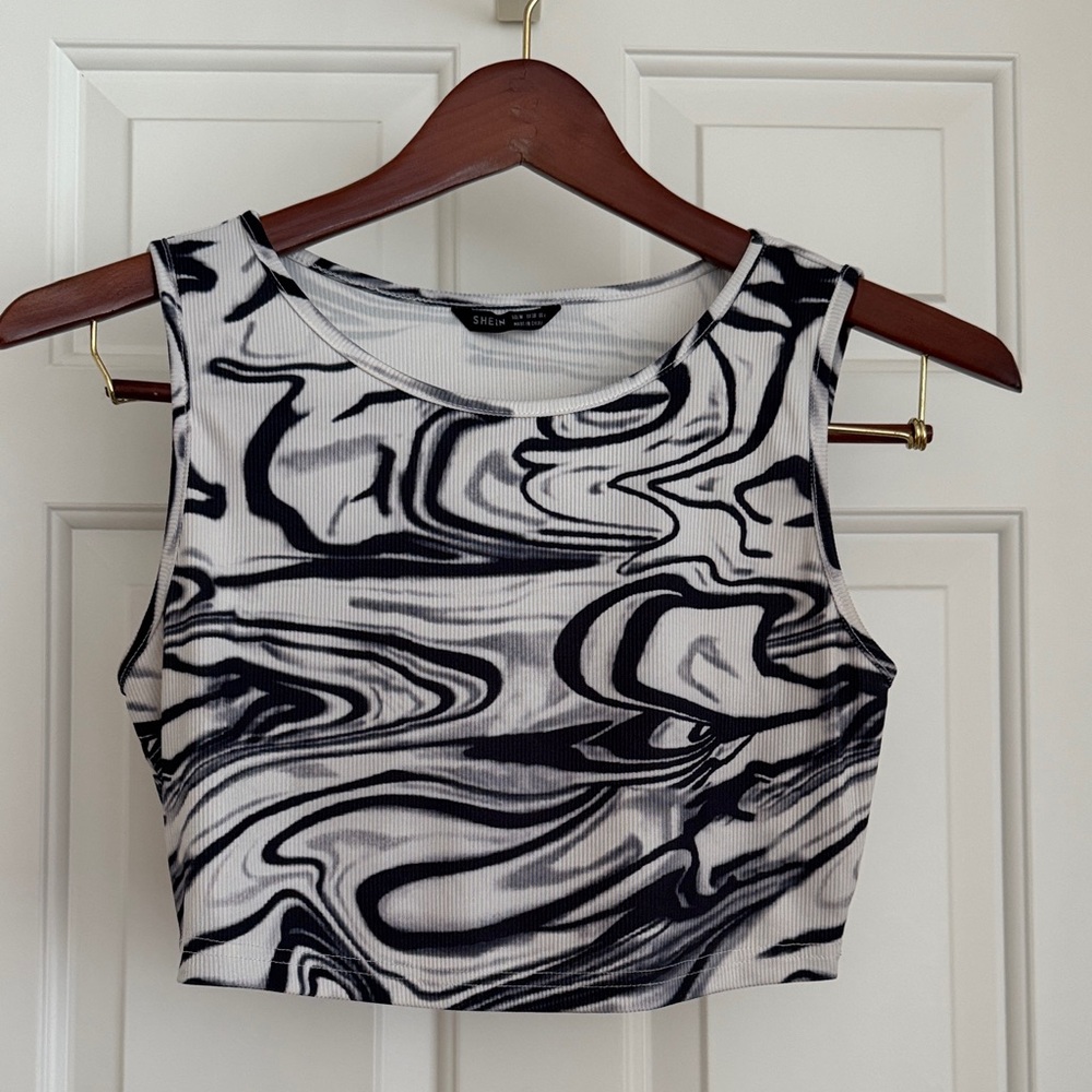 SHEIN Top Size M White Black Gray Swirl Tank Top